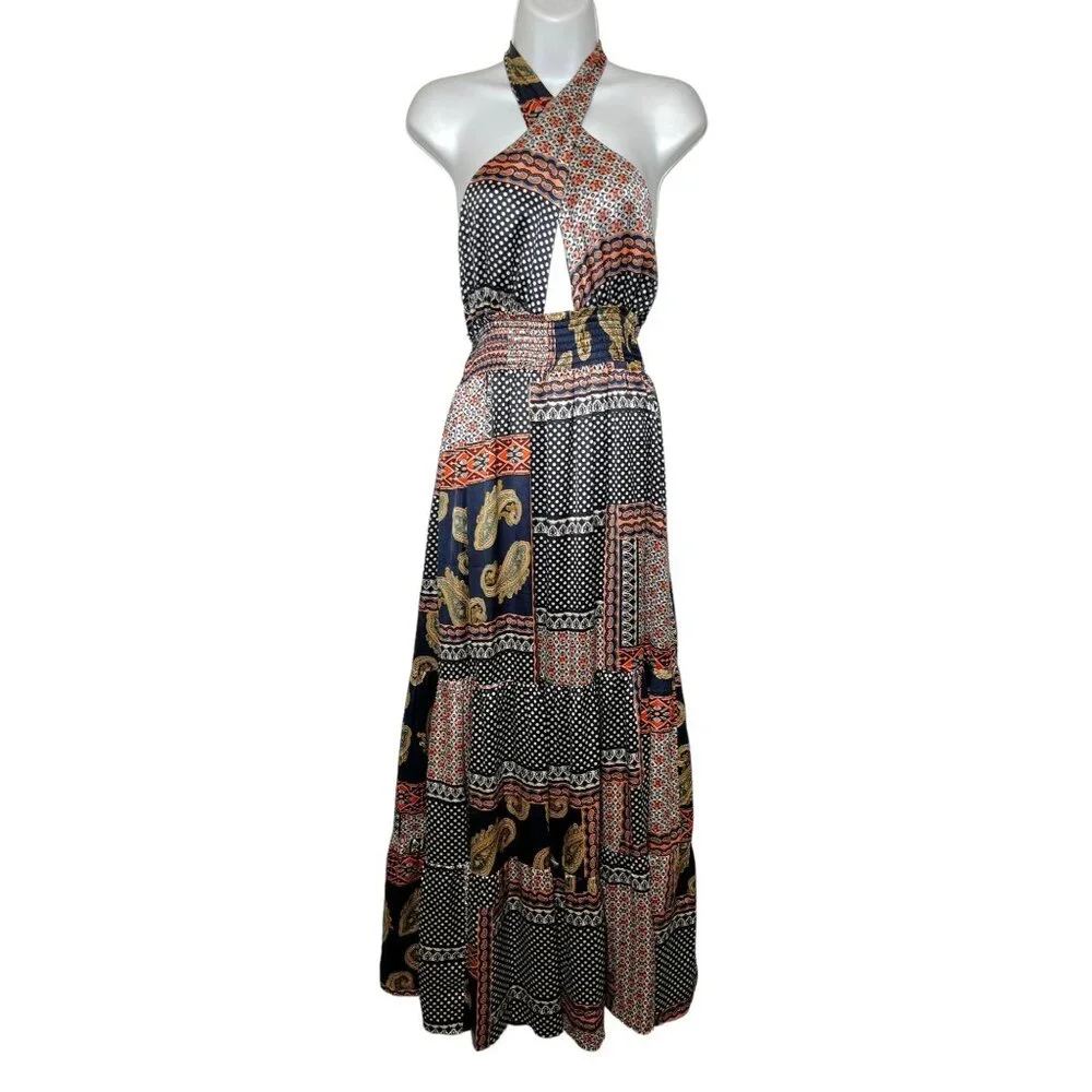 Lulus Trendy Travels Halter Maxi Dress Navy Blue Multi Patchwork Scarf Print S